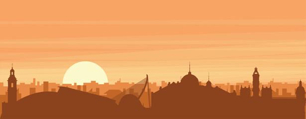 Obraz premium Brown panoramic poster of the city skyline with misty background buildings, sunrise, clouds and mountains of VALENCIA, SPAIN