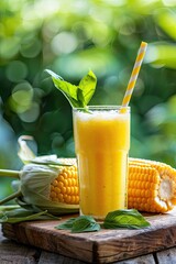 Fototapeta premium freshly squeezed corn juice on the background of the garden. Selective focus
