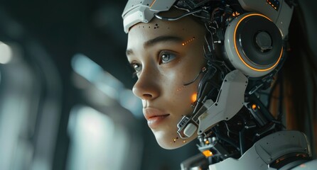 Fototapeta premium Futuristic Android Robot With Glowing Details and a Pensive Expression