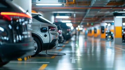 An electric car charging in a sleek garage exemplifies the ease of electric vehicle charging infrastructure, creating a futuristic ambiance.