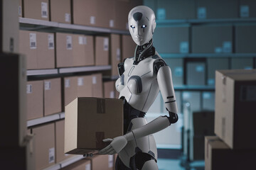 Humanoid AI robot carrying boxes in the warehouse