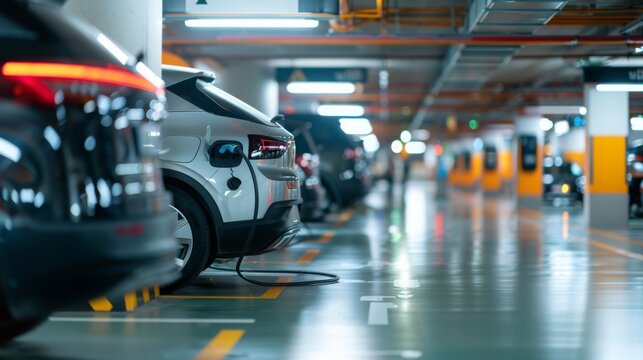 An electric car charging in a sleek garage exemplifies the ease of electric vehicle charging infrastructure, creating a futuristic ambiance.