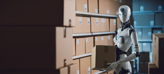 Humanoid AI robot carrying boxes in the warehouse