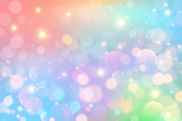 Rainbow unicorn background. Pastel sky with glitter and stars. Colored magic galaxy. Cute vector purple space with fairy sparkles and bokeh. Gradient space illustration. © Chorna_L