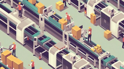 Obraz premium Boring factory assembly line, flat design, top view, repetitive tasks, cartoon drawing, colored pastel