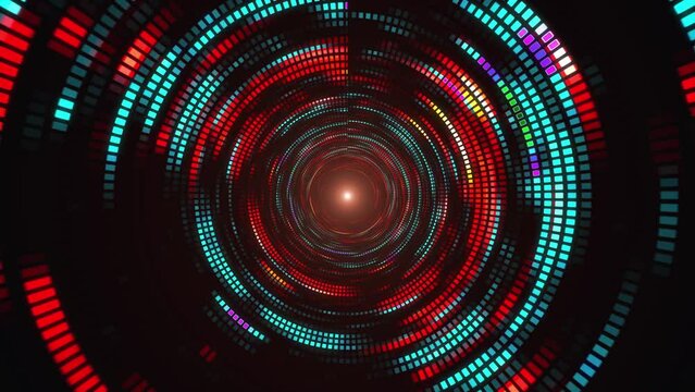 Bright colorful spiral. Colorful dotted spiral swirl circles. Green, yellow, blue, light blue and pink swirl pattern of round shaped dots. Glowing tunnel background, space landscape. Mosaic grunge par