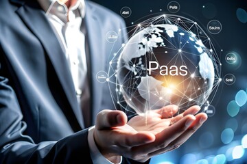 PaaS:Businessman in a suit holding a tablet with glowing  Paas hologram, futuristic background,Global Technology Network, Scalability and Flexibility, Efficiency and Innovation, Cloud Integration.