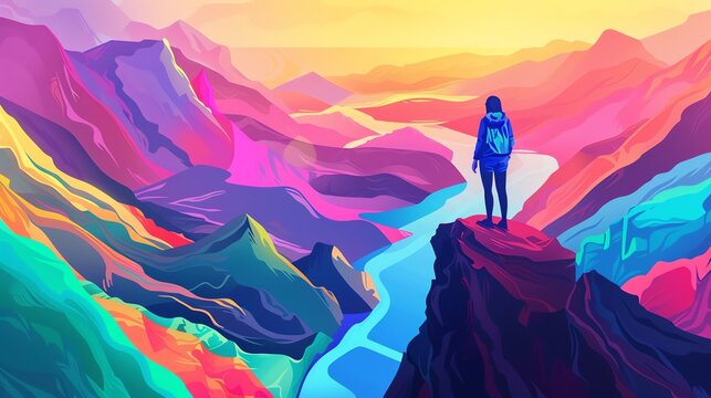 Exciting adventure, flat design, top view, thrilling journey, animation, Triadic Color Scheme