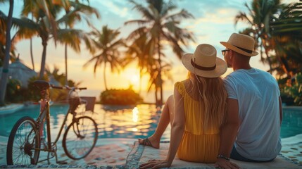 Fototapeta premium Couple Relaxing By Pool At Sunset In Tropical Paradise