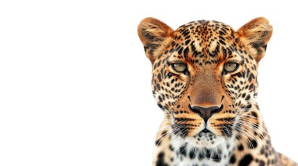 Leopard portrait gazing at camera on white background