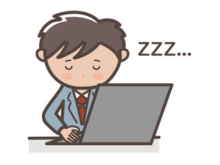 仕事中パソコンを操作しながら居眠りをしてしまう男性ビジネスマンのイラスト