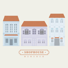 Collection set of mnimal vector illustration drawing of an old school heritage shophouse facade in pastel colour. For concept proposal, design, postcard, banner, social media
