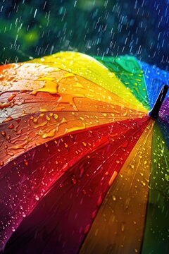 rainbow umbrella dripping water. Selective focus