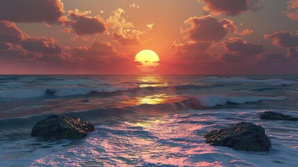 The sun sets over the ocean with rocks in the forefront