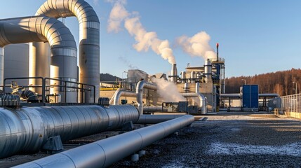 A large industrial plant with large pipes and steam rising from the chimneys. The ground is covered in gravel and some snow.
