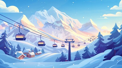 Winter ski resort, flat design, side view, mountain slopes, cartoon drawing, vivid