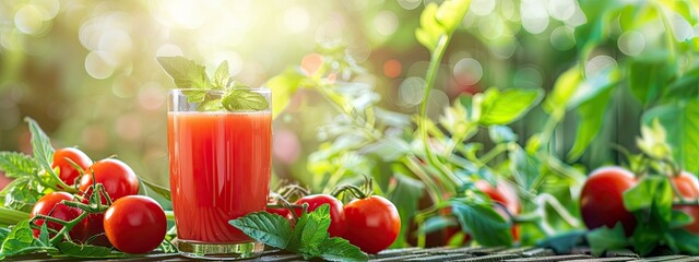 freshly squeezed tomato juice on the background of the garden. Selective focus