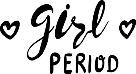 Menstruation period doodle. Feminine hygiene products, menstrual protection elements. Vector outline illustration Lettering girl period