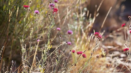 Hardy desert flowers in garden, close view, bright midday sun, sharp focus, arid setting 