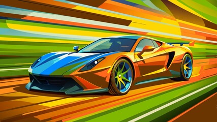 Car on the road in the mountains at sunset. Vector illustration.