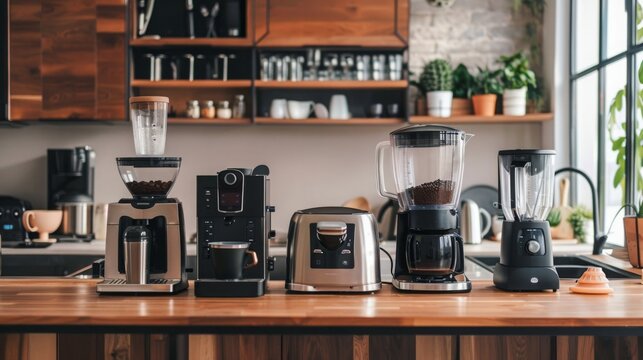 A close-up image of a countertop with various modern kitchen appliances, including a coffee grinder, espresso machine, toaster, coffee maker, and blender, all in black and silver colors.