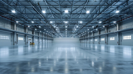 Pristine Modern Warehouse Interior. A high-definition image of an empty and clean modern warehouse interior.