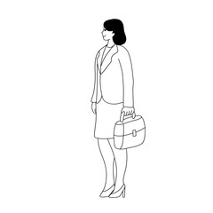 Woman businessman in a suit stands with a suitcase. Hand drawing. Vector illustration in flat cartoon line style.
