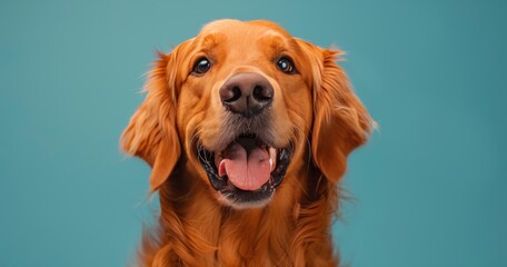 Fototapeta premium Golden Retriever Dog Looking Up With Tongue Out Against Blue Background