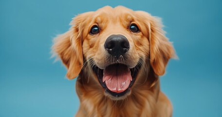 Fototapeta premium Golden Retriever Dog Looking Up With Tongue Out Against Blue Background