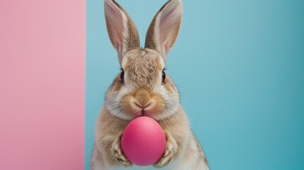 Obraz premium Easter bunny holding egg on blue and pink backdrop