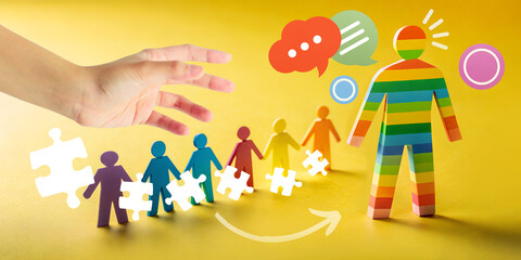 Obraz premium Abstract background. Paper symbol people of LGBT Pride In concept of harmony in diversity and coexistence in society. yellow, diversity, unity, rainbow, paper figures.