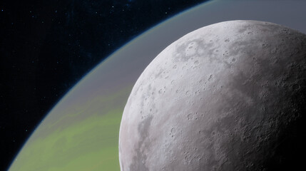 Close-up of a cratered moon in a starry sky. Moon partially visible, right side showing surface, left side dark space with stars. 3d render
