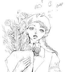 矢沢あい風花束を持つ女性　woman with a bouquet of flowers