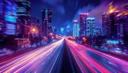 Fototapeta premium Futuristic Cityscape With Neon Lights and Streaks of Light