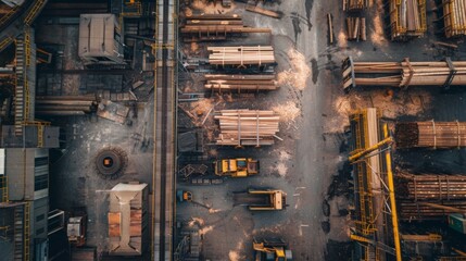 This image shows an aerial view of a lumber mill yard with stacks of wood, machinery, and forklifts.