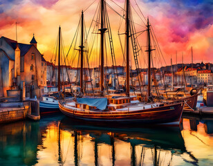 Watercolor style illustration with beautiful sailboats in a marina at sunset. Dramatic AI generated landscape. Digital illustration. CG Artwork Background