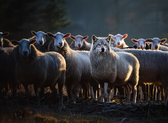 Wolf im Schafspelz Deepfake. Manipulierte Realität. Ein Schaf mit ausgetauschtem Gesicht (Wolf) in einer Schafherde bei Morgenlicht auf einer Alpwiese vor Wald. 
