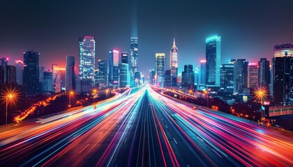 Futuristic Cityscape With Neon Lights and Streaks of Light