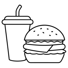 Hamburger soft drink and french fries, Fast food items vector line art illustration.