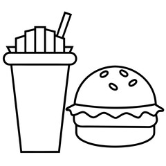 Hamburger soft drink and french fries, Fast food items vector line art illustration.