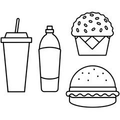 Hamburger soft drink and french fries, Fast food items vector line art illustration.