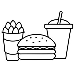 Hamburger soft drink and french fries, Fast food items vector line art illustration.