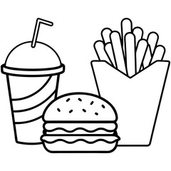 Hamburger soft drink and french fries, Fast food items vector line art illustration.