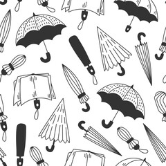Umbrella Doodle Seamless Pattern. Cartoon line background with falling various types of folding water protection accessories. Black and white hand drawn vector illustration.
