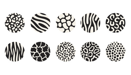 Animal Fur Texture Circle Set. Black and white jaguar leopard cow giraffe tiger skin print in circle shapes. Modern social media icons. Vector illustration © Marina