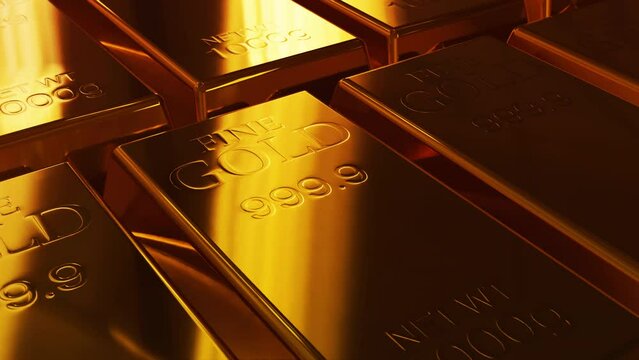 Stack of golden bars in vault close-up. A lot of golden bars weighing 1000 g in Slow Motion 4K, dolly shot.