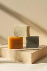 Set of handmade soap bars placed on a marble pedestal, beige background. Skincare concept