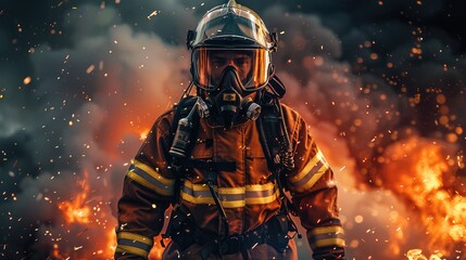 Firefighter in full gear with helmet and protective suit standing against a dark background, with sparks flying around him. Generative AI.