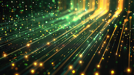 Pixelated lines in gold and neon green against a black digital background, retro and modern. Generative AI.