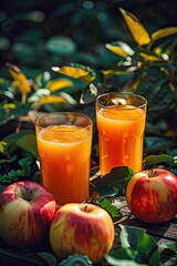 Fototapeta premium freshly squeezed apple juice on the background of the garden. Selective focus